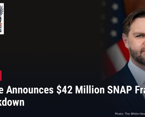 Fostoria News Man in suit with American flag in background, news headline about SNAP fraud crackdown.
